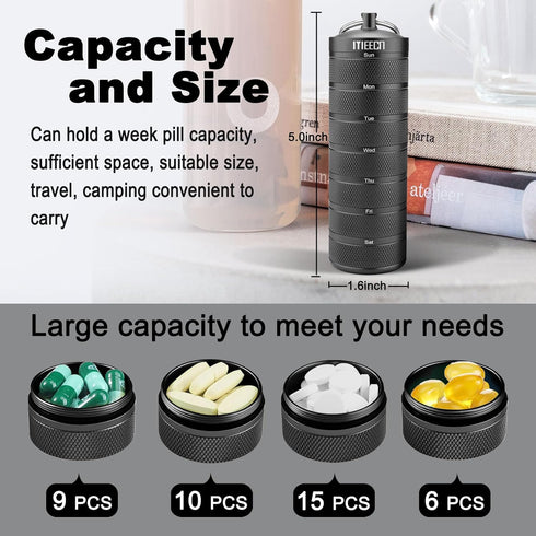 Weekly Metal Pill Organizer for Outdoor Travel, Aluminum, Waterproof, that is Shockproof and Has Large Compartments