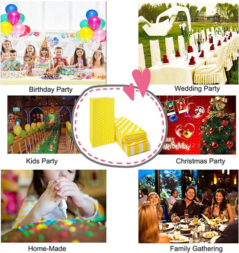 Striped and Polka Dot Paper Bags, Yellow Paper Lunch Bags for Wedding, Baby Shower, Birthday Party (50 PCS, 3.5 × 2.3 ×