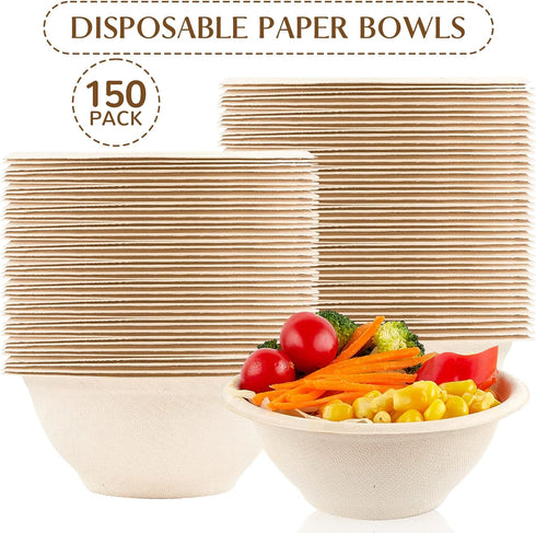 150 Pack 8 oz Paper Bowls, Disposable Small Compostable Soup Bowls for Ice Cream, Desserts, Pet Food