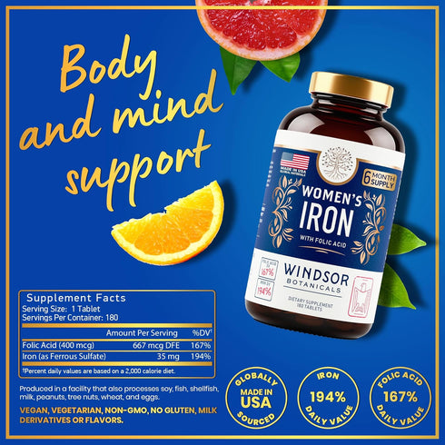 Iron Pills for Women - Iron Supplement with Folic Acid for Anemia, Period, Pregnancy Support - 180 Vegan Tablets