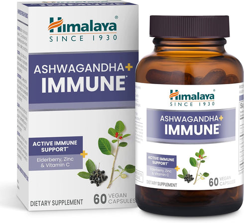 Himalaya Ashwagandha+ Immune - Ashwagandha, Elderberry, Zinc & Vitamin C for Active Immune Support, 60 Capsules