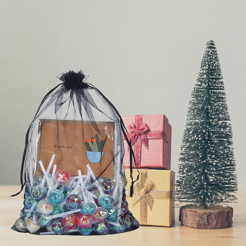50Pcs Black Organza Bags 8X12 inch - Large Mesh Drawstring Sheer Halloween Goodie Gift Bags for Christmas Wedding