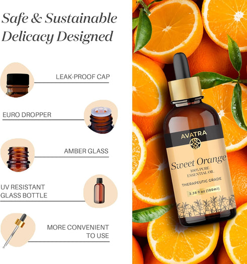 Avatra Orange Essential Oil for Diffuser, Skin, Aromatherapy | Natural & Undiluted | 3.38 Fl Oz with Glass Dropper