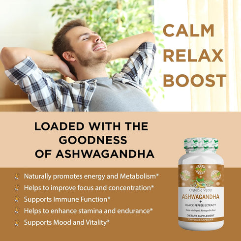 Organic Veda Ashwagandha Supplements, 1500mg, 120 Veggie Capsules with Black Pepper Extract