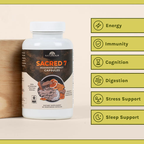 Naturealm Sacred 7 Mushroom Extract Capsules - Lion’s Mane, Reishi, Chaga & More - 100% Fruiting Bodies, 30-Day Supply