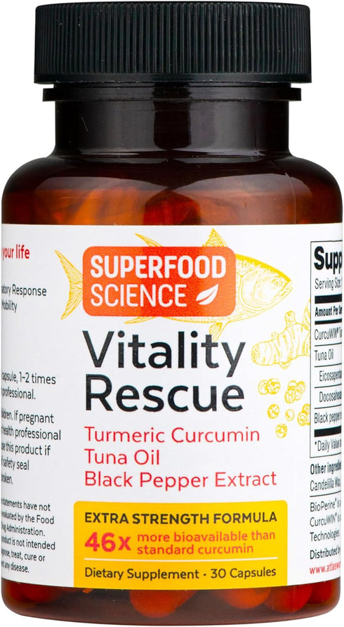 Vitality Rescue Omega 3 and Turmeric Supplement with Bioperine, CurcuWin 46X for Workout Recovery, Joint & Brain Health