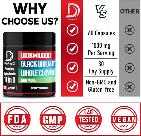 Wormwood Capsules Supplement: 11 Ingredients for Immune System, Body Management & Digestion Health - 60 Capsules