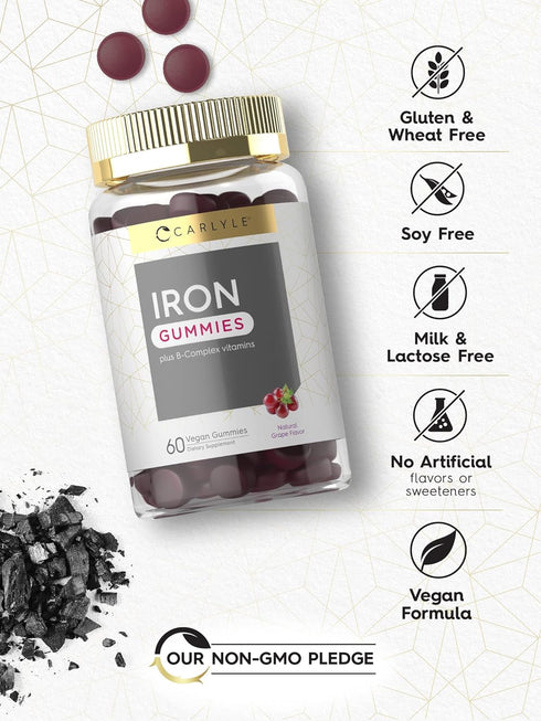 Carlyle Iron Gummies, 60 Vegan Gummies, Plus B-Complex Vitamins, Grape Flavor, Non-GMO, Gluten Free Supplement