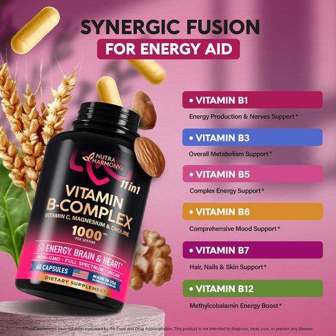 Vitamin B Complex for Men & Women, 60 Vegan Capsules - 11-in-1 B-Complex with Vitamin C, Choline, Inositol for Energy,