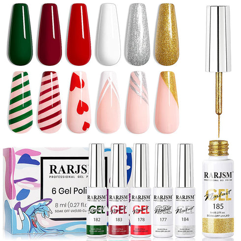RARJSM Painting Drawing Liner Pen Gel Nail Polish Set, Silver Gold Glitter Dark Green Red White Nail Art Kit