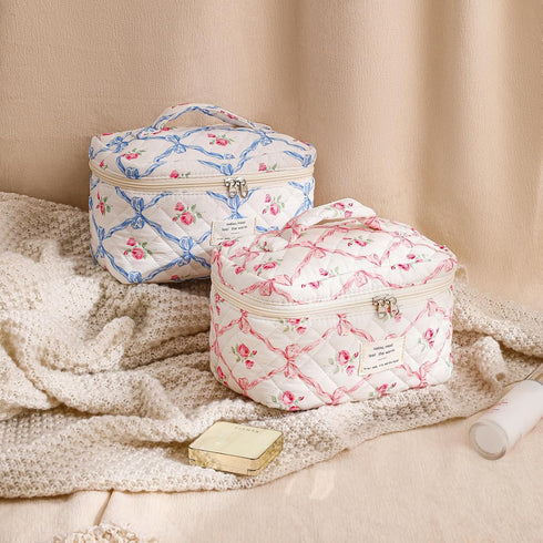 Large Quilted Makeup Bag for Women and Girls, Cute Floral Cotton Cosmetic Bag, Aesthetic Toiletry Bag (01Pink Bows)