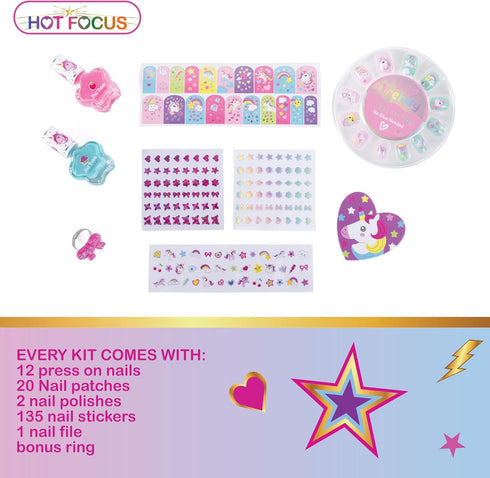 Hot Focus Scented Nail Boutique – 168 Piece Unicorn Nail Art Kit, Includes Press on Nails, Nail Patches, Nail Stickers,