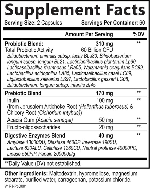 Built by Nature Probiotic - 60 Billion CFU with 10 Strains, Plus 8 Diverse Digestive Enzymes, and 4 Sources of Prebiotic Fibers – Daily Probiotic Supplement for Men and Women - 120 Capsules