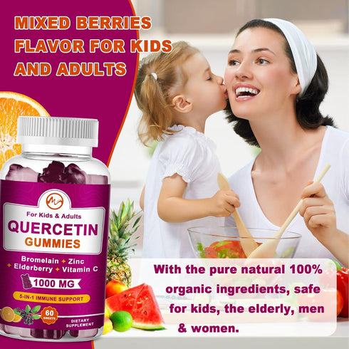 (2 Pack) Quercetin Gummies with Bromelain - Elderberry, Zinc, and Vitamin C, Chewable Quercetin 1000 mg Supplement for