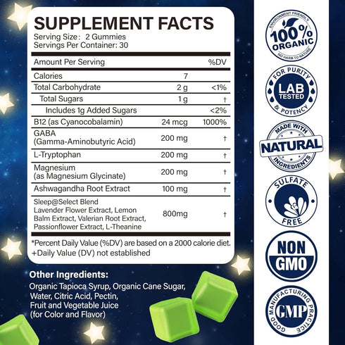 NEVISS Melatonin Free Sleep Aid Gummies - GABA, L-Tryptophan, Magnesium, Vegan, 2 Pack