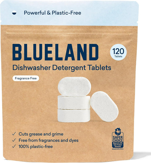 BLUELAND Plastic-Free Dishwasher Detergent Tablets, 120 Count, Unscented for Eco-Friendly Cleaning