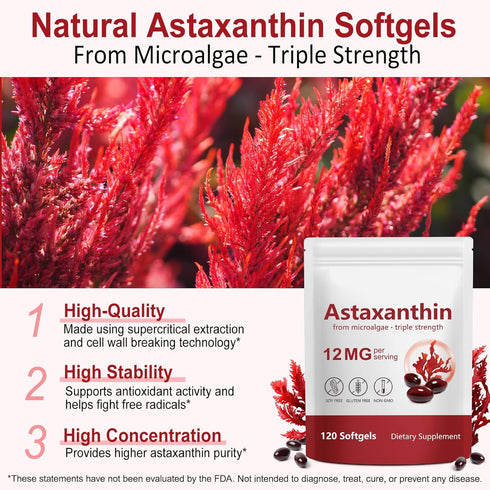 Xaarty 12mg, 4 120 Premium Astaxanthin Natural Antioxidant Supplement for Eye, Joint, Skin Health,Microalgae Source