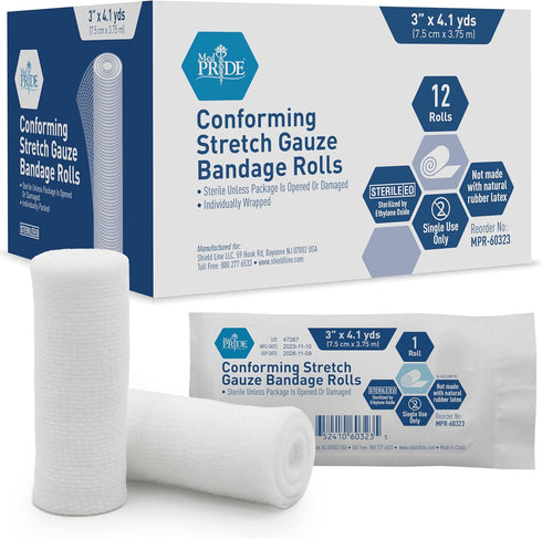 MED PRIDE Conforming Stretch Gauze Bandages, 12 Rolls 3'' x 4.1 Yards, Sterile Latex Free First Aid Wrap