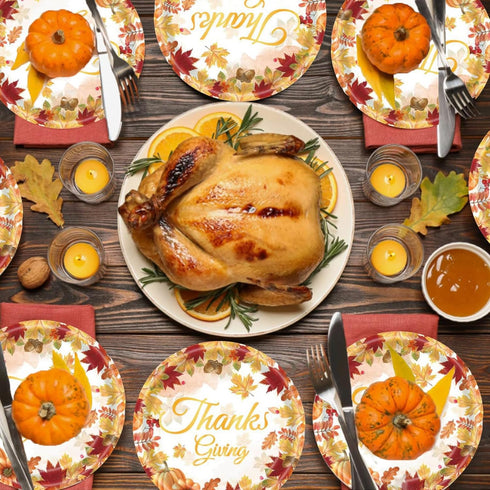 mdgfge 24Pcs (9 inch) Thanksgiving Paper Plates, Autumn Maple Leaf with Pumpkin Disposable Dessert Plates Tableware