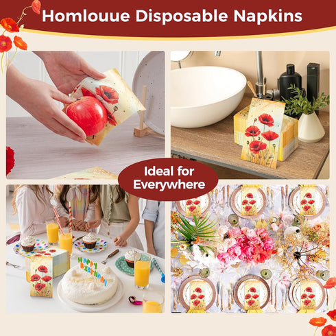 Homlouue 100PCS Watercolor Red Poppies Floral Napkins - 3 Ply Disposable Hand Towels for Bathroom Guest