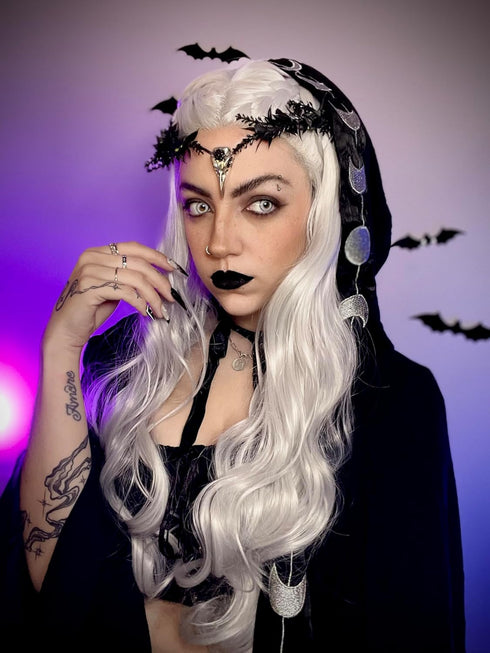 MOSTORY Handmade Black Flower Crown - Gothic Adjustable Raven Skull Headpiece Witch Headband Dark Fairy Tiara with Rhinestone for Wizard Halloween Cosplay Renaissance Goth Wedding Photo Shoot