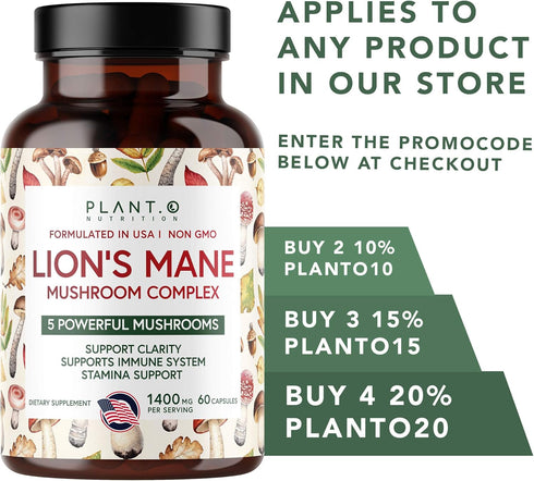 Plant.O Premium Lion's Mane Supplement, All Natural Nootropics Brain Supplement, 90 Caps