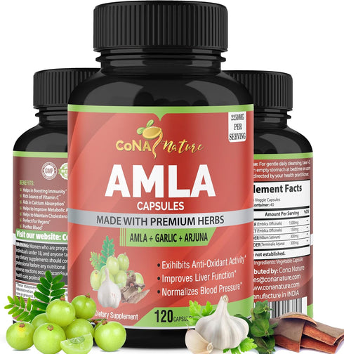 Organic Amla Capsules 2250mg & Arjuna, Garlic | 120 Caps | Natural Vitamin C Supplements, High Antioxidants, Supports