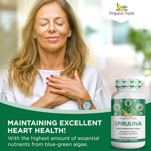 Organic Veda - Spirulina Capsules Made with Blue Green Algae - 120 Veggie Capsules for Immune System Support