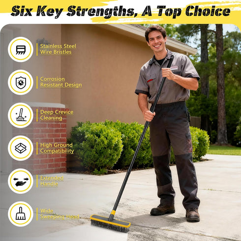 JIURAIN 2 1 Heavy Duty Broom Wire Floor Scrub Brush with Long Handle, in Scrape and Stainless Steel Bristle Brooms