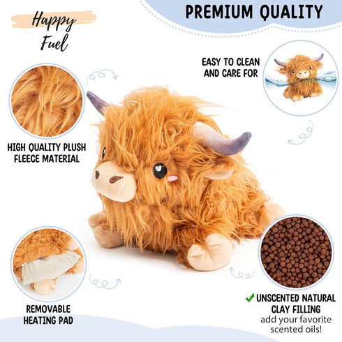 Brown Highland Cow Microwavable Heating Pad - Cute Soft Cozy Plush Heatable Pillow for Women & Kids - Kawaii Hot & Cold
