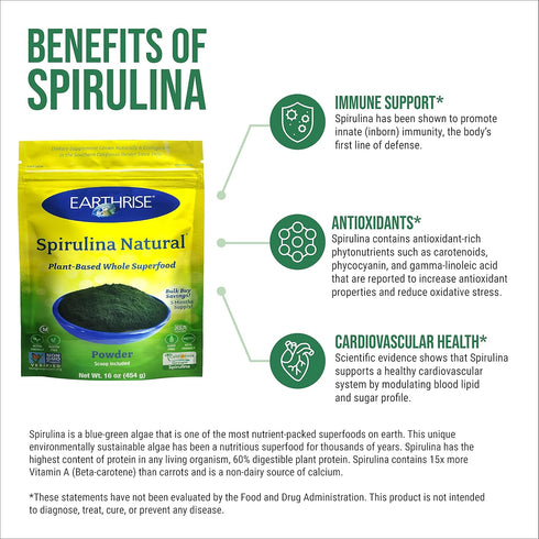 Earthrise Spirulina Natural Powder 16oz, Premium Vegan, Gluten Free, Keto Friendly, Non-GMO Super Food high in Vitamins