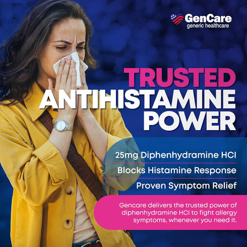 GenCare Allergy Relief Medicine, Antihistamine Diphenhydramine 25mg (600 Tablets) for Itchy Eyes, Sneezing