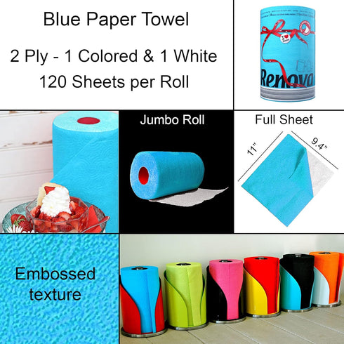 Renova Luxury Colored Paper Towel, Jumbo Roll, 2-Ply Sheets, Blue, 120 Count