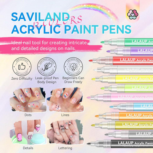 Saviland 12 Colors Nail Art Pens Set - 3D Nail Polish Pens, Acrylic Paint Pens for Drawing Painting Nail Art Design