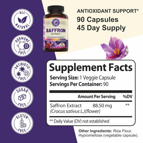 Natural Saffron Mood Supplements for Adults, 88.50 mg Pure Saffron Extract for Mood and Memory Support, 45-Day Supply