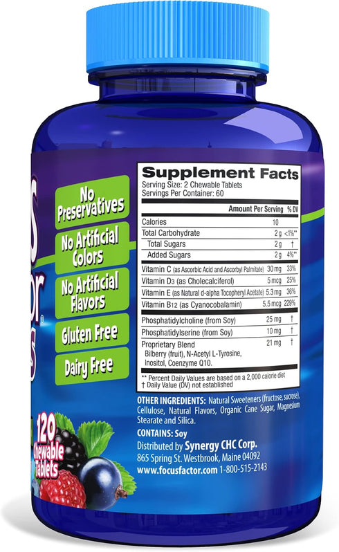Focus Factor Kids Extra Strength Daily Chewable for Brain Health Support, 120 Count – Vitamins - Quality Formula – Gluten & Dairy Free Supplements for Children – No Artificial Sweetener