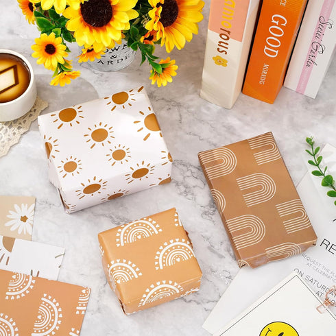 Whaline 12Pcs Modern Boho Wrapping Paper, 19.7 x 27.6 Inch Daisy Flower Rainbow Gift Wrap for DIY Crafts