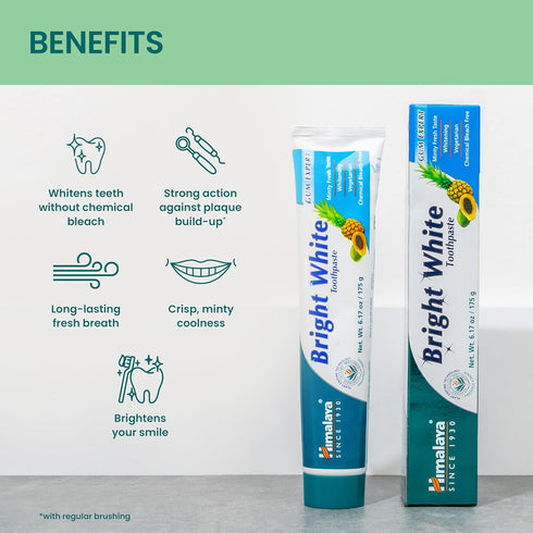 Himalaya Bright White Toothpaste, Fluoride Free, 6.17 oz, Reduces Plaque & Whitens Teeth