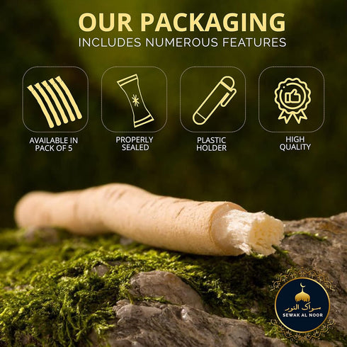 Pack of 5 Miswak Sticks with Holder - Natural Flavored Chew Sticks for Teeth Whitening, Oral Health & Fresh Breath