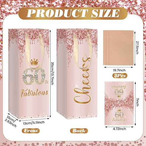 Yoirrat 60th 60 60 Birthday Wine Gift Bag for Women with Tissue Paper Card Rose Gold & Fabulous Decorations Large