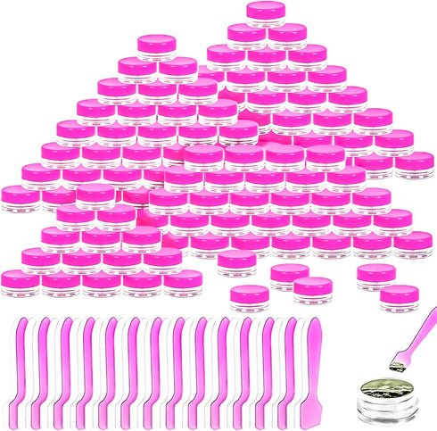 MotBach 100 Pcs 3g Empty Plastic Containers with Lids, Tiny Makeup Sample Containers, Pink Round Jars