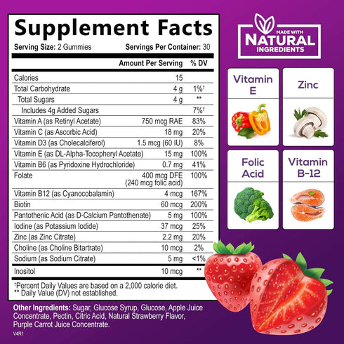 Gummy Multivitamin for Adults, Extra Strength Multi Gummies for Women & Men - Daily Vitamin Gummies Supplement, Immune Health Support with Vitamins A, C, D, E, B6, B12, Zinc, Berry Flavor - 60 Count