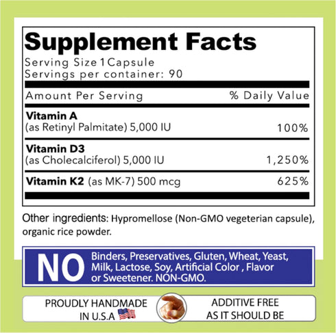 Our Daily Vites ADK Supplement - Vitamin A, D3 & K2 (as MK7) - Bone, Immune System Support - 180 CT Vegetable Capsules