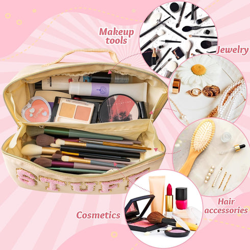 Y1tvei Large Capacity Travel Makeup Bag, Nylon Stony Clover Makeup Bag, Preppy Patch Pink Stuff Chenille Letter Pouch