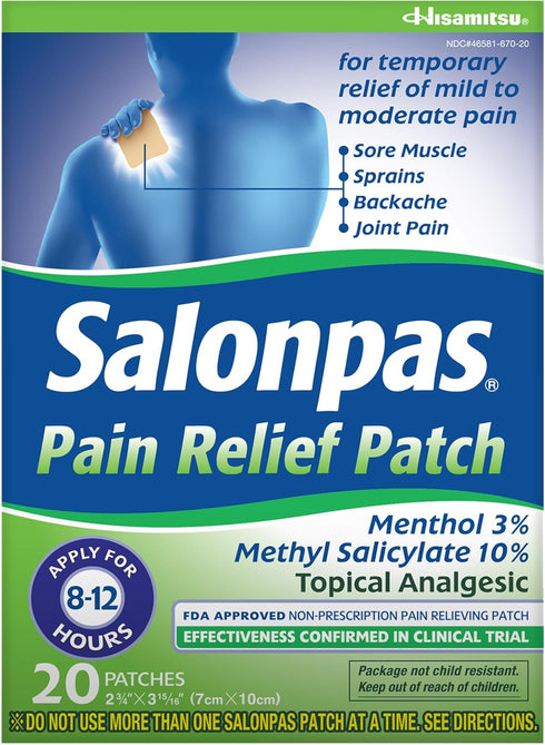Salonpas Pain Relief Patch, 20 Count, Temporary Relief of Mild to Moderate Pain, Backache, Sore Muscle, Sprains