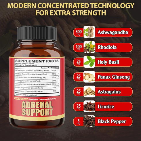 agobi 7in1 Adrenal Support Supplement - Concentrated Ashwagandha, Panax Ginseng, Rhodiola Rosea & More, 60 Capsules for