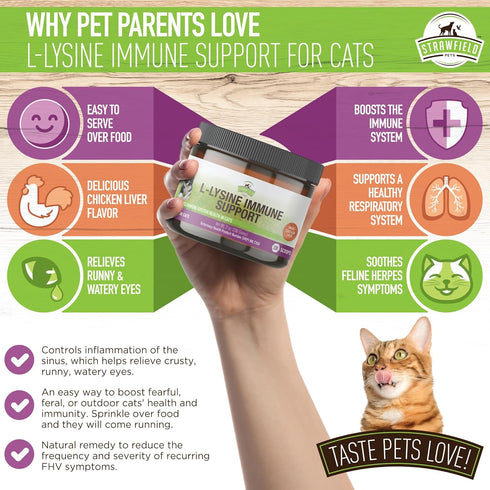 Strawfield Pets L-Lysine Immune Support for Cats & Kittens, 200g Chicken Liver Flavor Granules with Scoop