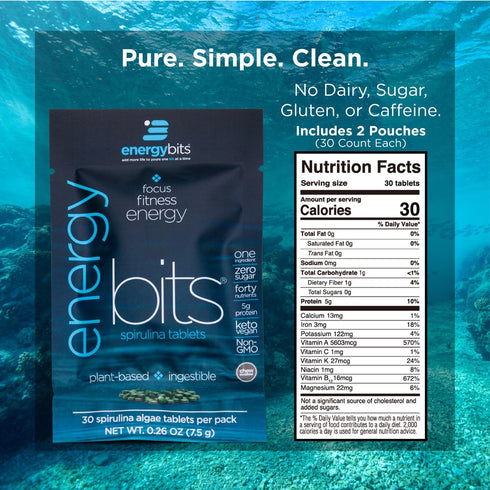 ENERGYbits/RECOVERYbits Organic Spirulina & Chlorella Tablets, Vegan, Keto, Gluten Free, 4 Bags, 30/Bag