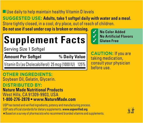 Nature Made Vitamin D3 1000 IU (25 mcg) | 180 Softgels | Dietary Supplement for Bone, Teeth, Muscle and Immune Health
