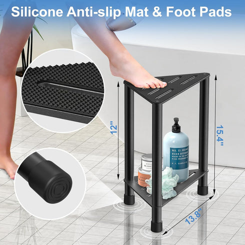 LarFaFa 15.4'' Stainless Steel Black Shower Stool for Inside Shower, H Shower Foot Rest, Corner Shower Stool